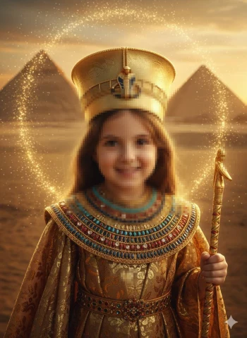 Little girl dressed as an Egyptian queen standing before pyramids at golden sunset