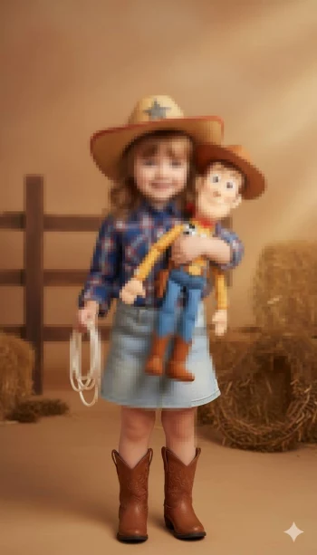 Little Girl Dressed as Cowgirl Holding Woody Doll in Rustic Farm Setting