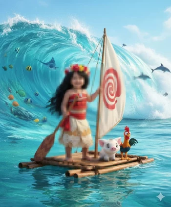 Little girl dressed as island adventurer sailing raft with pig and rooster