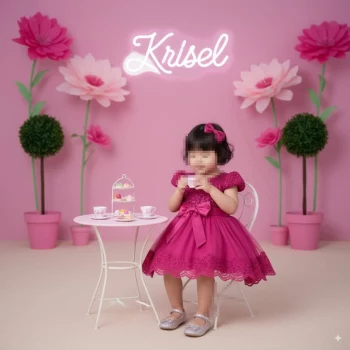 Little girl enjoying a pink tea party in a dreamy floral room setup