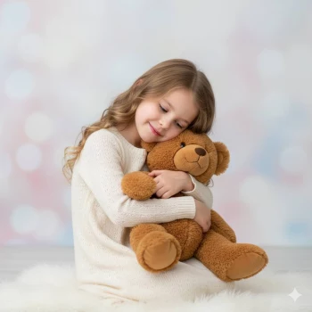 Little Girl Hugging Teddy Bear in Cozy Cream Sweater on Soft Background