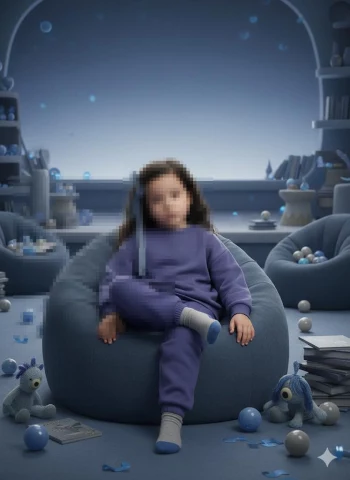 Little girl in blue cozy room sitting on bean bag with soft toys around