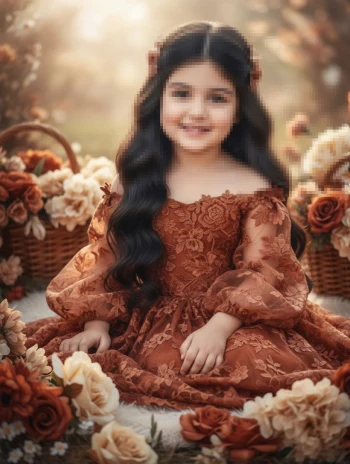 Little Girl in Brown Lace Dress Sitting Among Autumn Flowers and Baskets