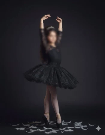 Little girl in elegant black ballet dress dancing gracefully with white feathers