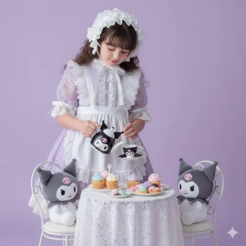 Little girl in lavender dress having a cute tea party with Kuromi plush toys