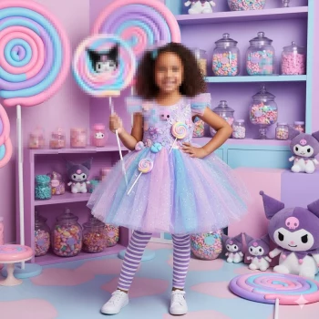 Little Girl in Pastel Candyland Dress Holding Kuromi Lollipop in Sweet Room