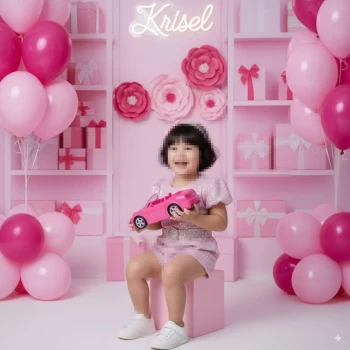 Little Girl in Pink Birthday Studio with Balloons and Toy Car
