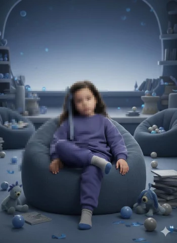 Little girl in purple tracksuit sitting on bean bag in calm blue playroom