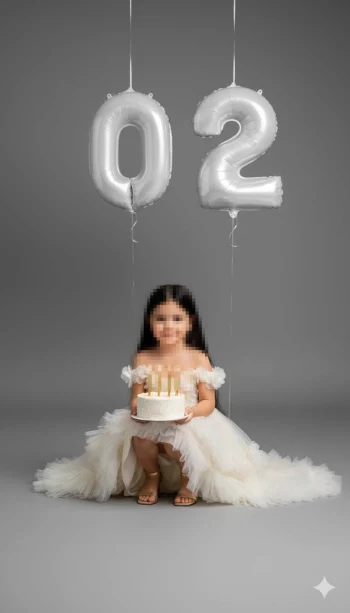 Little Girl in White Dress Holding Birthday Cake with Silver 02 Balloons