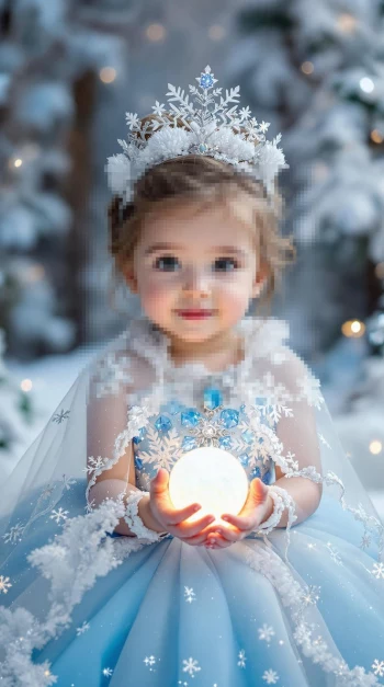Little ice princess with snowflake tiara holding glowing orb in snowy forest