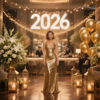 Luxury 2026 New Year Celebration with Elegant Gold Dress and Festive Lights