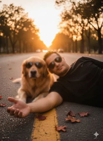 Man and Golden Retriever Wearing Sunglasses Relaxing on Road at Sunset