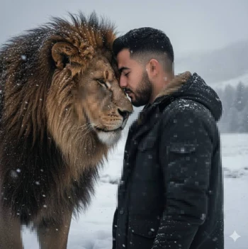 Man and Lion Sharing Peaceful Moment Together in Snowy Winter Scene