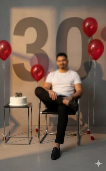 Man celebrating 30 th birthday with cake and red balloons in a modern setting