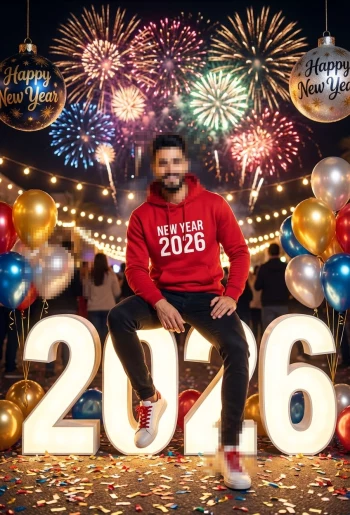 Man Celebrating New Year 2026 With Fireworks, Balloons and Festive Lights