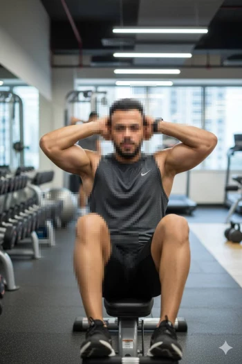 Man doing sit ups workout in modern gym wearing dark gray sports outfit