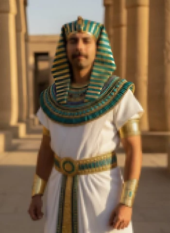Man dressed as ancient Egyptian pharaoh standing in sunlit temple corridor