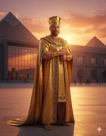 Man dressed as golden Egyptian pharaoh standing at sunset near modern pyramids