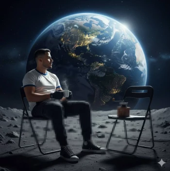 Man Drinking Coffee on the Moon with Earth Visible in the Background