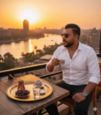 Man Enjoying Arabic Coffee on Rooftop Terrace Overlooking Sunset River View