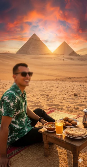 Man Enjoying Breakfast at Sunrise Near the Pyramids of Giza in Egypt