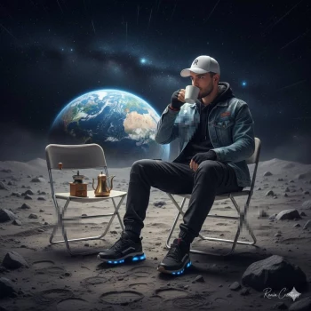 Man Enjoying Coffee on the Moon with Earth in the Background