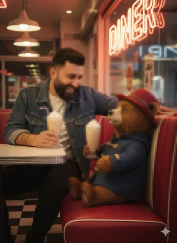 Man enjoying milkshake with bear character in retro neon lit diner