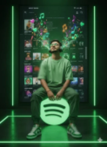Man enjoying music with neon green Spotify theme and colorful sound waves