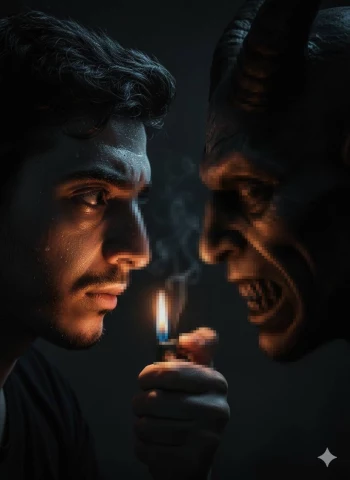 Man facing demonic creature closely with lighter flame between them