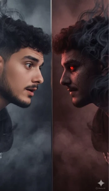 Man facing his dark reflection in dramatic light and shadow contrast