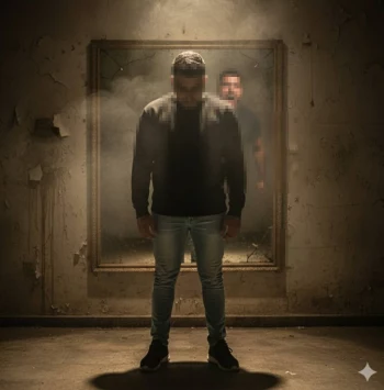 Man Facing Inner Struggle Reflected in Broken Mirror in Dark Room