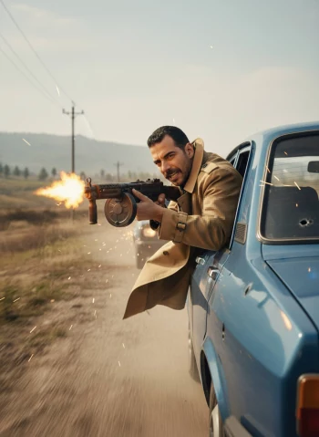 Man Firing a Submachine Gun from a Moving Blue Pickup on a Dusty Road