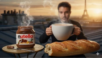 Man Having Giant Coffee and Nutella Breakfast on Paris Rooftop at Sunrise
