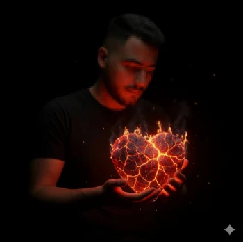 Man Holding a Glowing Fiery Heart in the Dark Symbolizing Passion and Strength