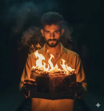 Man holding burning newspaper in the dark with dramatic fire and cinematic atmosphere