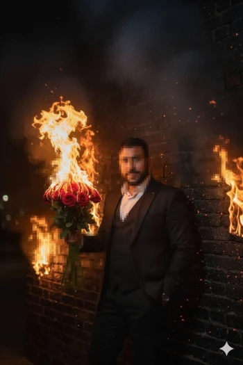 Man Holding Burning Roses in Front of Fire Wall at Night