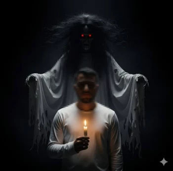 Man Holding Candle with Ghostly Figure Behind in Dark Horror Scene