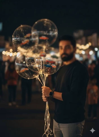 Man Holding Lighted Balloons with Car Designs at Night Festival