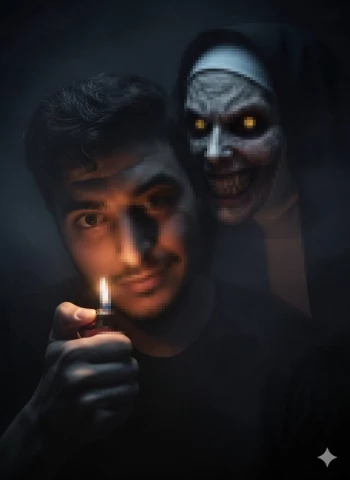 Man holding lighter with demonic nun figure glowing behind him in darkness