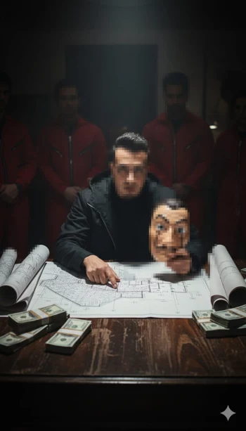 Man Holding Mask Planning Heist with Blueprints and Money on Table