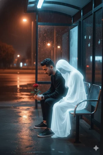 Man holding red rose sitting beside glowing ghost woman on rainy night