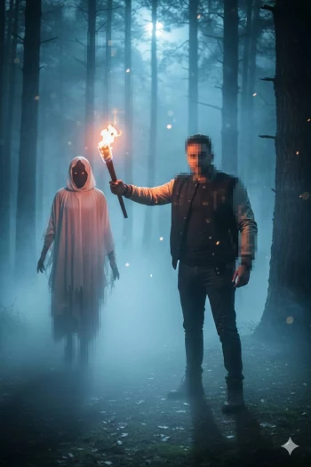 Man holding torch facing mysterious hooded figure in dark foggy forest