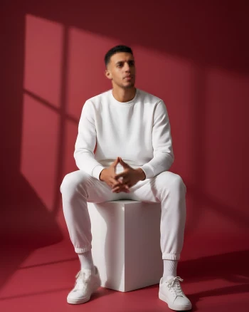 Man in All-White Outfit Sitting Confidently in Minimal Red Studio Lighting