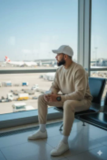 Man in Beige Outfit Sitting at Airport Window Holding Coffee Cup