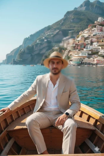 Man in beige suit and straw hat sitting on a boat with scenic coastal view