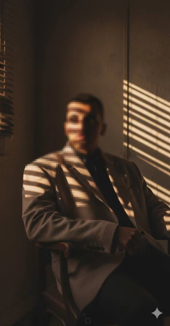 Man in Beige Suit Sitting in Dramatic Light and Shadow Indoors