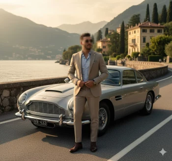 Man in beige suit standing beside classic silver car on scenic lakeside road