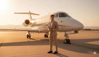 Man in beige suit standing beside private jet on runway during golden sunset