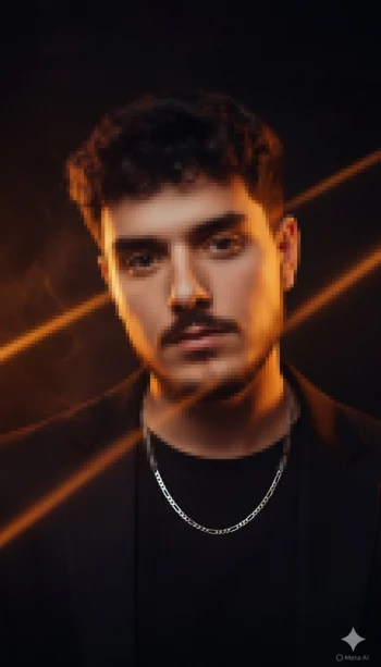 Man in Black Blazer and Silver Chain Under Warm Studio Lighting