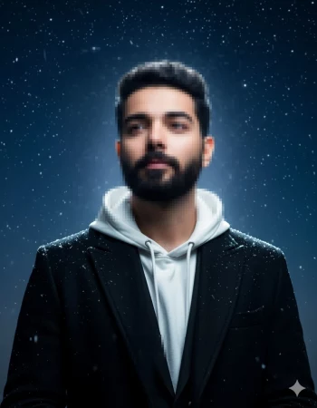 Man in black coat and white hoodie standing under starry snowy night sky